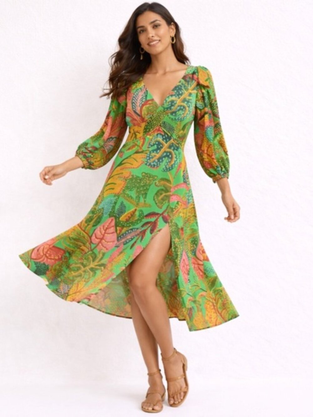 NWT FARM Rio Green Tropical-Print Plunge V-neck Midi Dress - Picture 4 of 11